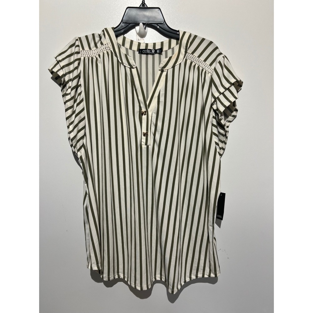 CURE. Womens Olive Green White Striped V-Neck Flutter Sleeve Top 2XL NWT